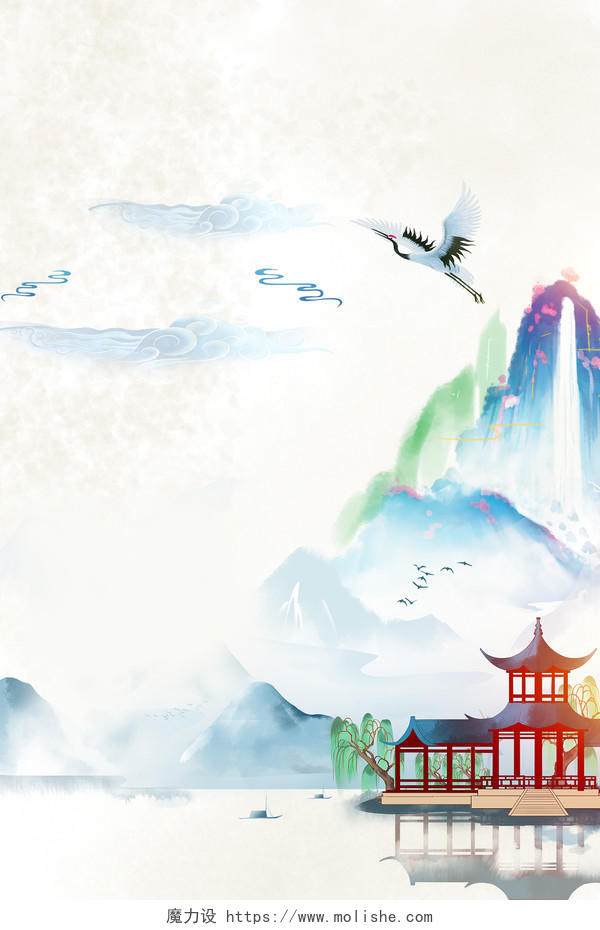 手绘古典中国风水墨山水清明节节日背景素材